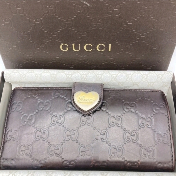 🔹️GUCCI 🔹️ Leather long wallet Italy Guccissima heart Brown ✨️🤎 - Picture 1 of 12